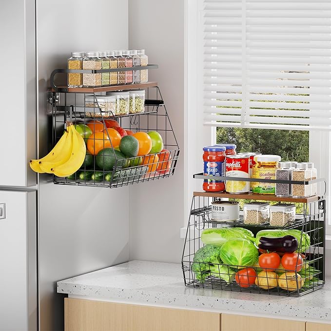 Delamu Magnetic Shelf for Fridge with Wood Lid, 3 Tier Pull Out Fridge Magnet Organizer, Magnetic Spice Rack for Refrigerator, Cabinet, Kitchen Counter, Laundry (2 Pack)-NeatNest