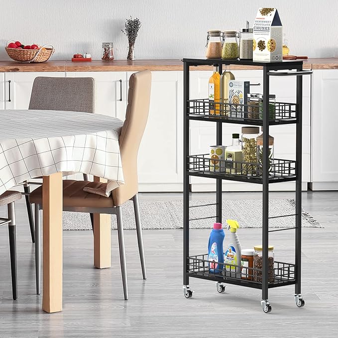 Slim Storage Cart 4 Tier Rolling Kitchen Cart Utility Serving Cart Laundry Room Narrow Cart with Handle Mobile Sheving Unit Organizer Wood Rolling Storage Cart for Bathroom Small Spaces, Modern Black-NeatNest