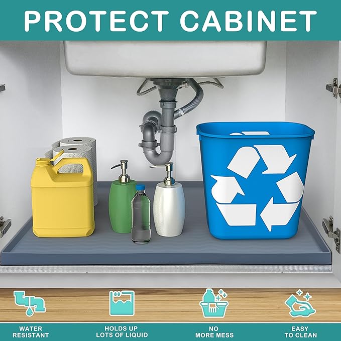URMONA Waterproof Silicone Under Sink Mat 34'' x 19'' Shelf Liner for Kitchen and Bathroom, Cabinet and Counter Protector, Storage and Organizers, Litter Mat, Pet Cat Puppy Essentials(Beige)-NeatNest