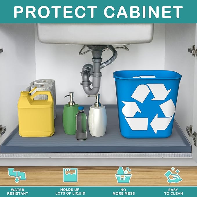 URMONA Waterproof Silicone Under Sink Mat 34'' x 22'' Shelf Liner for Kitchen and Bathroom, Cabinet and Counter Protector, Storage and Organizers, Litter Mat, Pet Cat Puppy Essentials(Dark Grey)-NeatNest