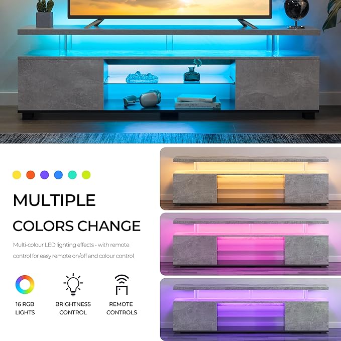 Grey TV Stand for Living Room,Glass TV Stands,LED TV Stand for 75+ inch TV,Long TV Stand for Living Room,Bedroom,Home Office-NeatNest