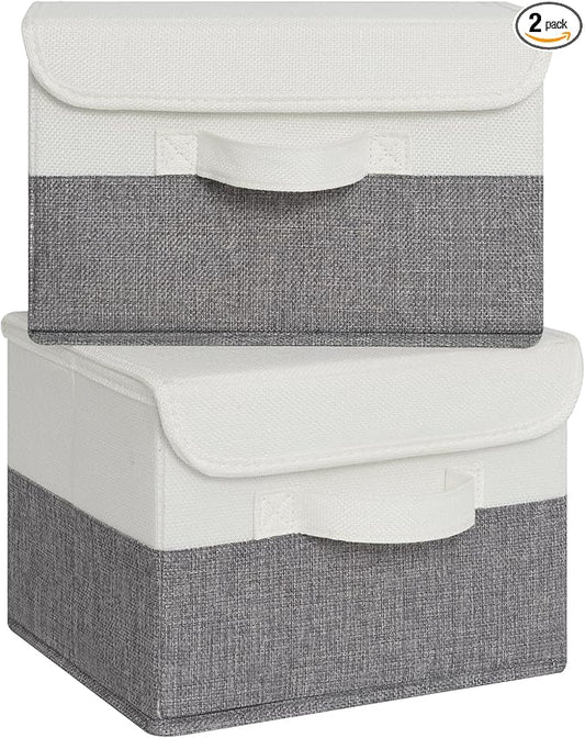 GRANNY SAYS Small Storage Bins with Lids, Small Storage Boxes, Shelf Baskets for Shelf, Collapsible Storage Bins for Living Room, Bedroom, 10x8x7 Inch, White/Gray, 2-Pack-NeatNest