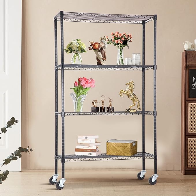 4-Tier Adjustable NSF-Certified Metal Shelf 36L x 14W x 62H Wire Shelving Unit Storage with Wheel for Small Places Restaurant Garage Pantry Kitchen Garage Rack,Black-NeatNest