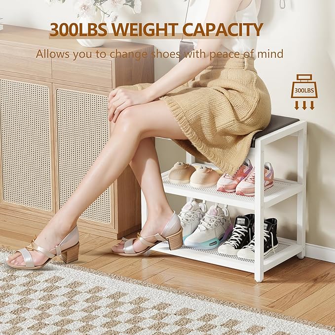 Small Shoe Bench Shoe Rack Storage Bench Entryway Bench Shoe Shelf with Seat Cushion, Stable Shoe Organizer for Entryway, Living Room, Bench Seat Holds Up to 300 lb, (18"L x 12"W x 17"H, White)-NeatNest