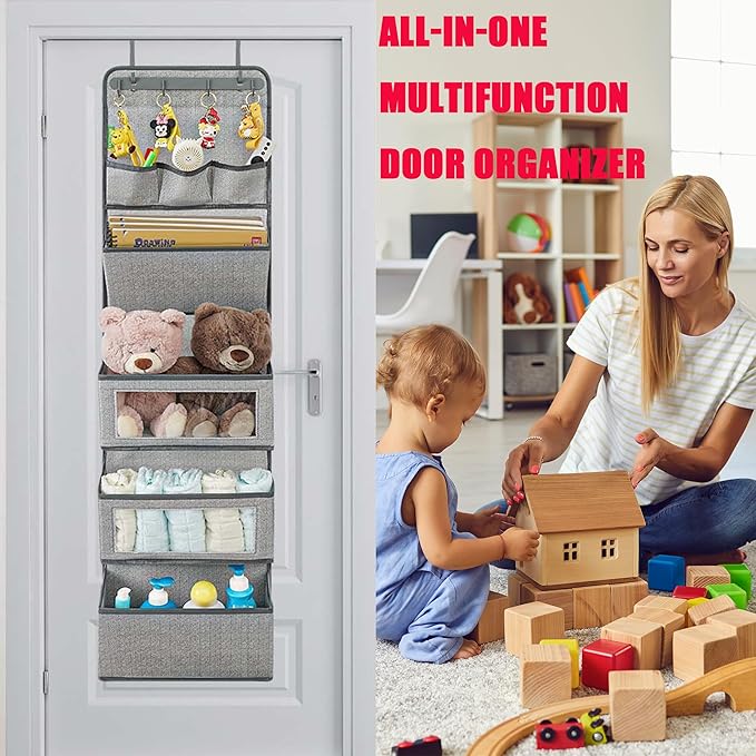 VICTORICH All-IN-ONE Over the Door Organizer, Super Behind the Door Storage Organizer with Door Rack and Large Clear Windows, Wall File Organizer, Hanging Organizer (New Herringbone Gray)
