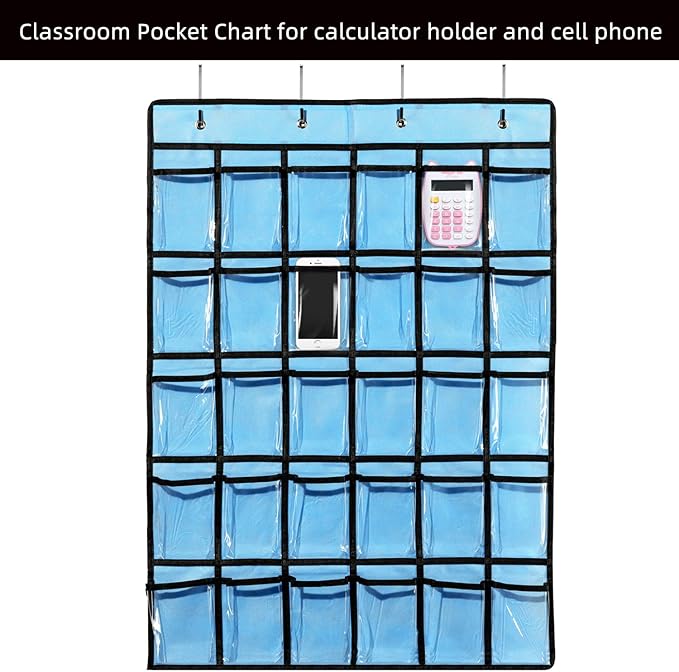 KEEPJOY Classroom Pocket Chart for Cellphone Calculator Holder, 30 Clear Pocket Charts for Classroom 33.5 x 24.5 inch Hanging cell phone Organizer Storage (Blue-30 pockets)-NeatNest