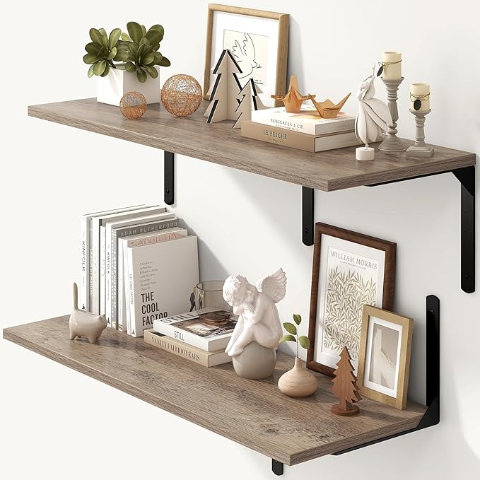 Fun Memories Floating Shelves for Wall, 12 Inch Deep Floating Shelves Set of 2, Wall Mounted Shelf with Metal Brackets, Rustic Wood Wide Shelf for Bathroom, Kitchen and Living Room, Grey, 36W x 12D-NeatNest