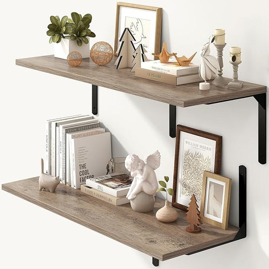 Fun Memories Floating Shelves for Wall, 12 Inch Deep Floating Shelves Set of 2, Wall Mounted Shelf with Metal Brackets, Rustic Wood Wide Shelf for Bathroom, Kitchen and Living Room, Grey, 36W x 12D-NeatNest