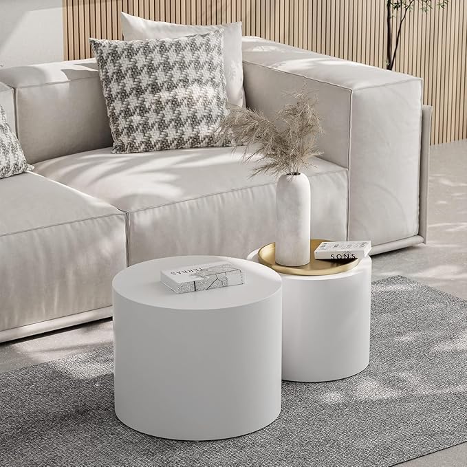 KEVINSPACE Nesting Coffee Table Set of 2, Modern Circle Accent Coffee Tables for Small Spaces, White End Table Wooden Side Table for Living Room, Bedroom, Balcony, Office