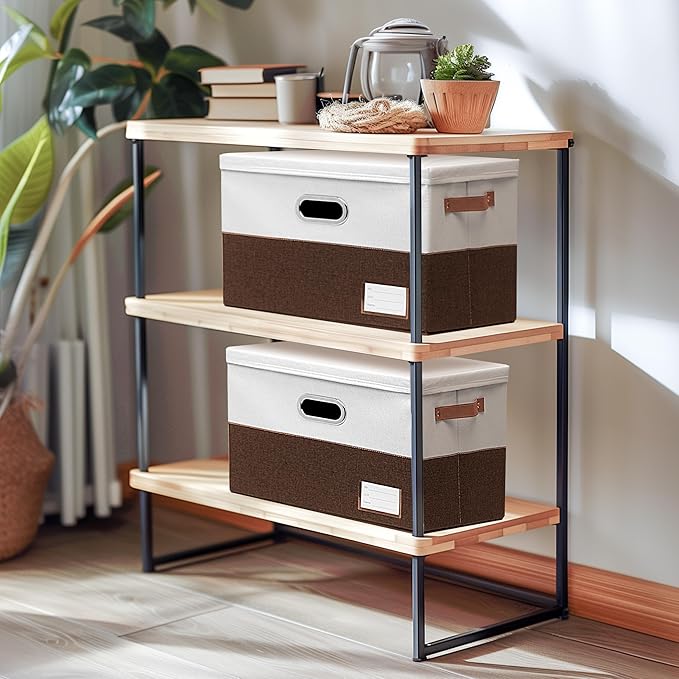 Foldable Fabric Storage Boxes with Lids, Collapsible Versatile Bins Baskets Cubes with Handles for Easy Organization in Closet, Living Room, and Bedroom (Brown & White, 3PCS/17*11.8*11.8in)-NeatNest