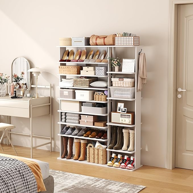 HOMEFORT 10 Tiers Shoe Rack, 50 Pairs Large Shoe Shelf, 61.8" Tall Shoe Tower, Freestanding Shoe Rack Organizer with Open Shelves, Wood Shoe Stand for Boot Storage, for Closet, Entryway, White-NeatNest