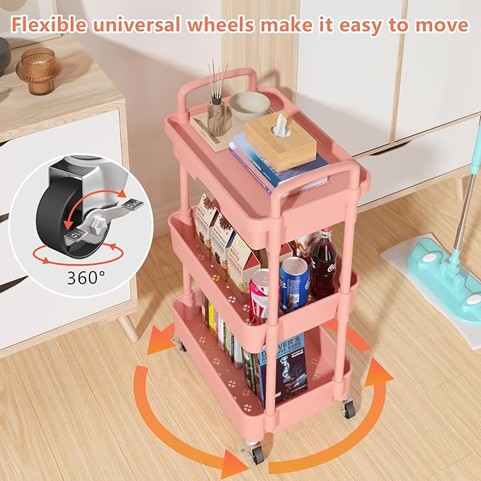 Calmootey 3-Tier Rolling Utility Cart with Drawer,Multifunctional Storage Organizer with Plastic Shelf & Metal Wheel,Storage Cart for Kitchen,Bathroom,Living Room,Office,Pink-NeatNest