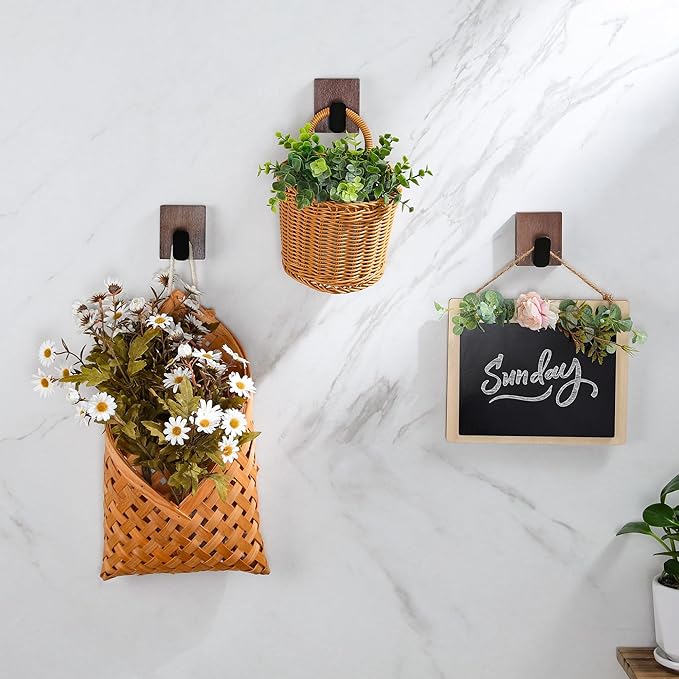 DELITON Adhesive Towel Hooks,Wall Hooks for bathrooms Without Drilling, Wood Wall Hooks for Hanging Robe, Towel, Bag Stick on Farmhouse Bathroom Bedroom Entryway 4 Packs Burned Brown-NeatNest