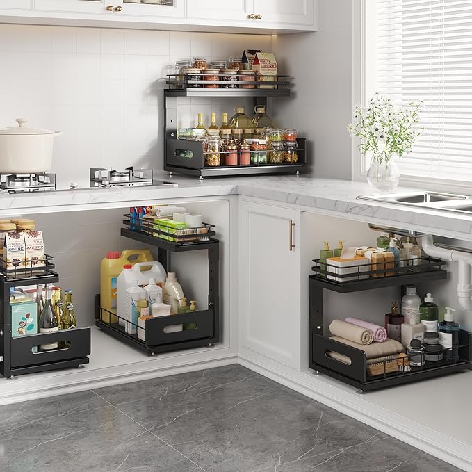 1 Pack Under Sink Organizer Upgrade To Professional Rails,2-Tier Dual Pull Out Cabinet Storage,Height Adjustable Slide Out Drawers For Bathroom Kitchen,Under Sink Shelf-Black-NeatNest