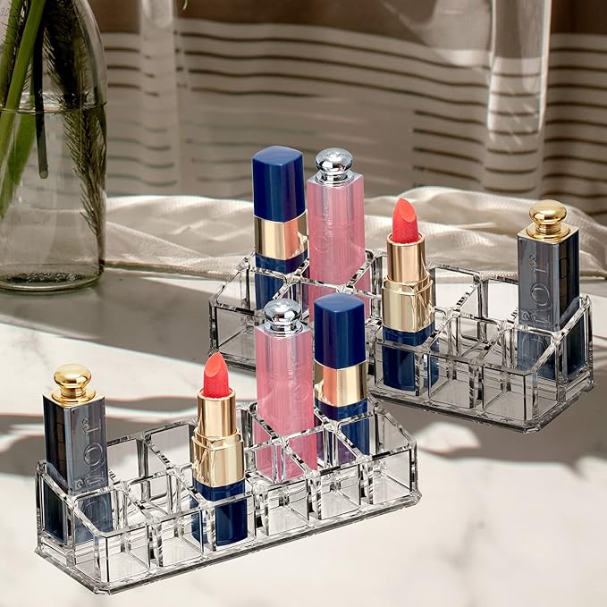 Amazing Abby - Glamour - 2-Pack 12-Slot Acrylic Lipstick Organizer, Lipstick Holder, Lip Gloss Holder, Cosmetic Storage Display, Perfect Storage Solution for Drawer and Vanity (Slot Size: 0.9" x 0.9")-NeatNest