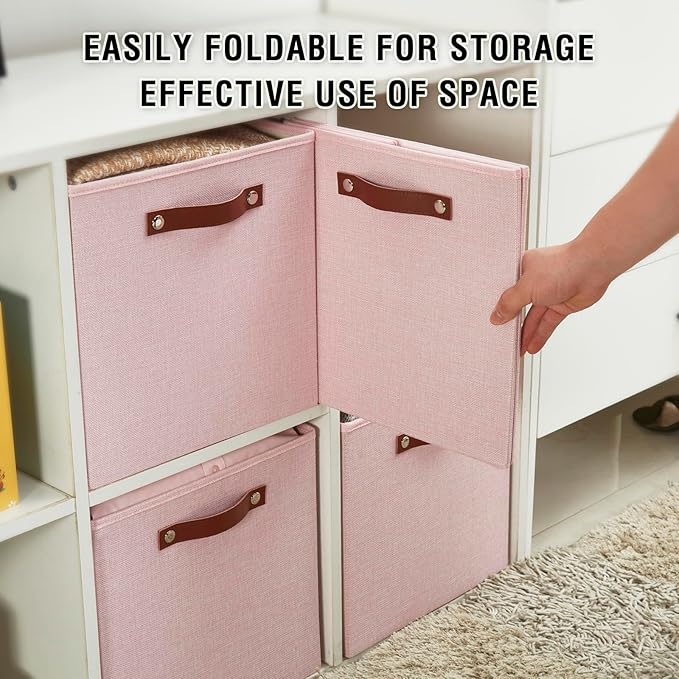 Collapsible Fabric Storage Cube Bins with 2 Reinforced PU Handles, Foldable Storage Organizer Baskets for Closet, Shelves, Living Room | 13"x13"x13", 4 Pack, Full Pink-NeatNest