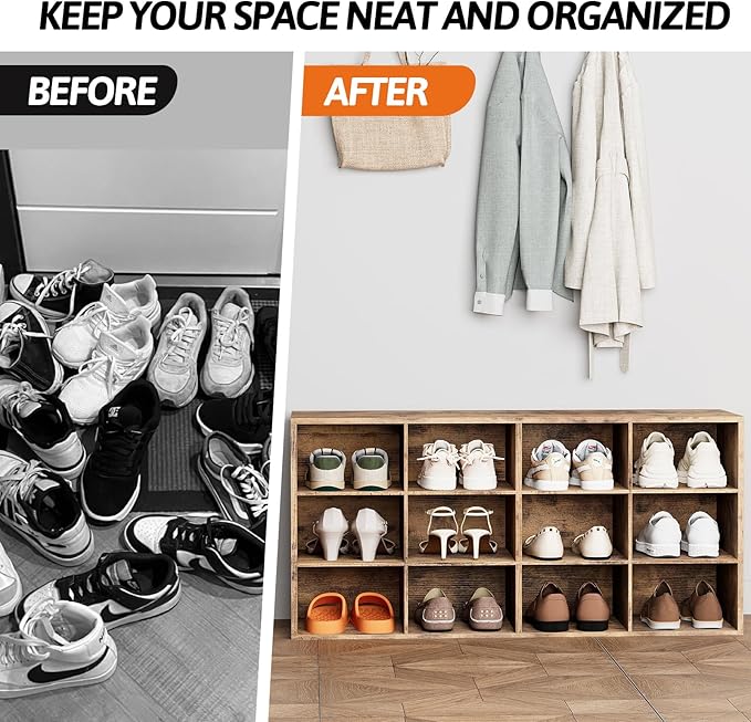 12-Cubby Shoe Rack, 3-Tier Wood Shoe Organizer, Multifunctional Shoe Organizer Bench for Entryway, Mudroom, Hallway, Closet,36.22 * 11.81 * 17.72 Inch,Brown-NeatNest