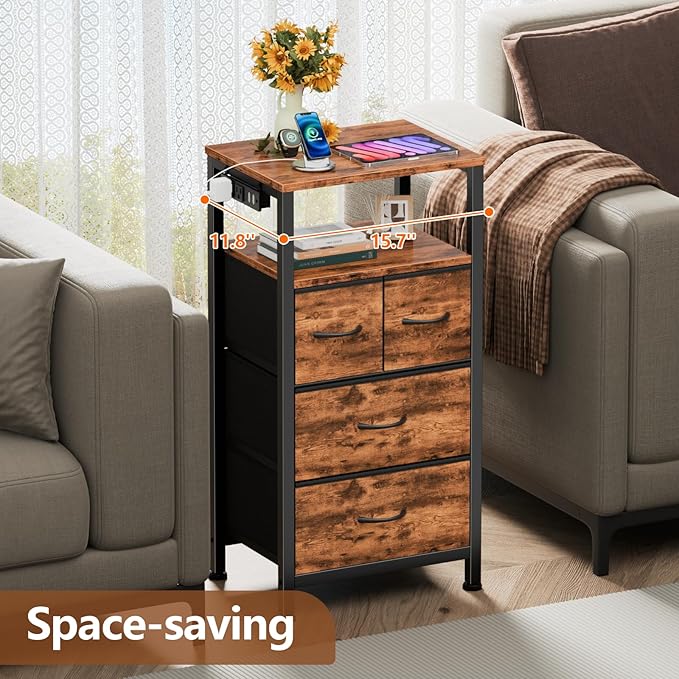Furnulem Dresser for Bedroom, Tall Nightstand, Bedside Table with Charging Station, LED Light, Fabric Bins, Night Stand with Wood Shelf, Small Furniture for Entryway, 33 Inch (4 Drawer, Rustic Brown)