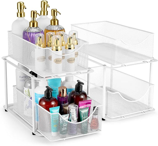 Sorbus 2 Sets of 2 Tier Metal Under Sink Organizer for Bathroom, Kitchen, Strong Steel Mesh Sliding Drawers for Under Sink, Under Cabinet, Closet, Kitchen, Pantry, Bathroom Organizers and Storage-NeatNest