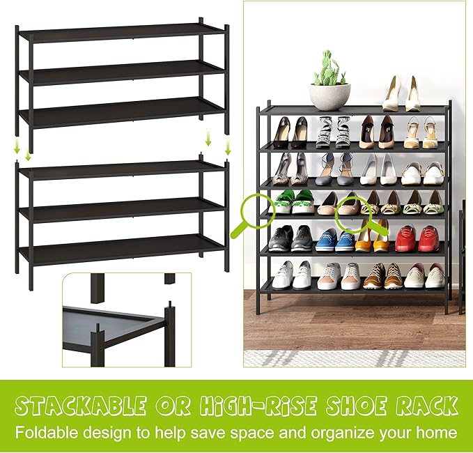 BMOSU 3-Tier Bamboo Extended Shoe Rack Premium Stackable Shoe Shelf Storage Organizer for Hallway Closet Living Room Entryway Organizer(Black)-NeatNest