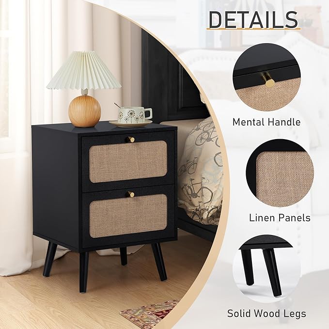 Mid Century Night Stand with 2 Drawers, Farmhouse End Table with Storage & Curved Linen Panel, Modern Nightstands Bedside Table Small Side Tables for Small Space, Bedroom (Black)