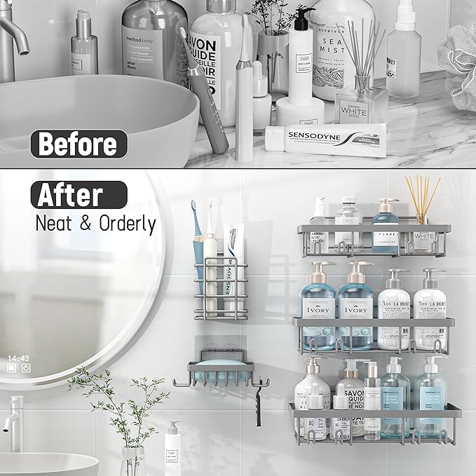 10 Pack Shower Caddy Organizer Rack Shelf for Inside Shower, Self Adhesive Wall Storage Basket Rustproof Stainless Steel Shampoo Holder Bathroom Accessory Decor Set, Grey-NeatNest
