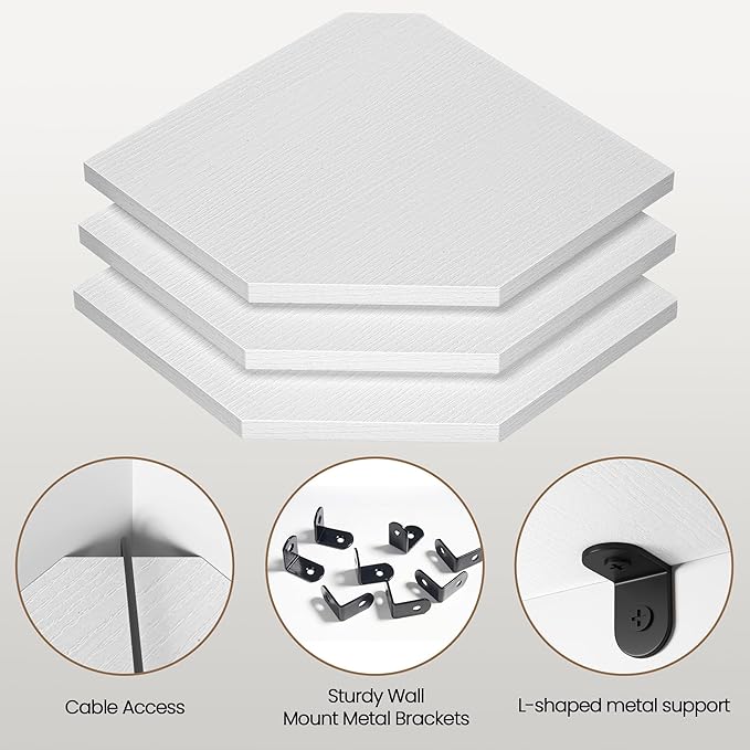 Corner Shelf Wall Mount, Floating Corner Shelves, Set of 3 Corner Wall Shelf Organizer, Rustic Wood Wall Storage Display Shelves for Living Room Bedroom Bathroom Kitchen, Rustic White-NeatNest