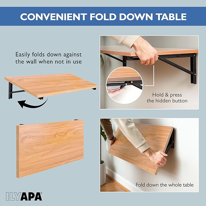 Iyapa Wall Mounted Folding Table - 16x40 Wood Floating Desk for Wall, Laundry Folding Table - 1.5 inch Fold Down Wall Desk for Small Spaces, White Oak