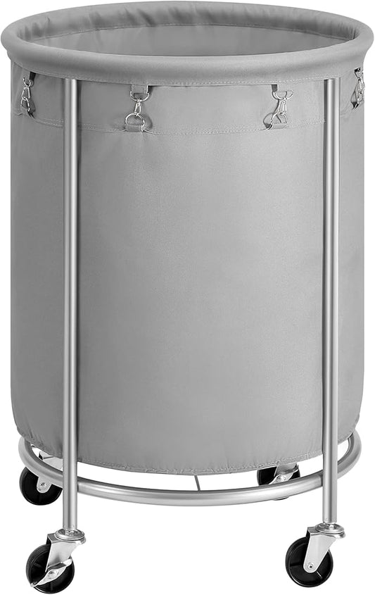 SONGMICS Laundry Basket with Wheels, Rolling Round Laundry Hamper Cart, 45 Gal. with Steel Frame and Removable Bag, 4 Casters and 2 Brakes, Gray and Metallic Silver URLS001G01