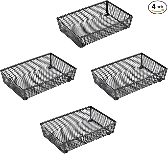 BYCY Silverware Drawer Organizer, Mesh Utensil Organizer for Kitchen Storage, Black Steel Metal Mesh Tray for Flatware Fork Spoon Knife (9x6-4P-Black)-NeatNest