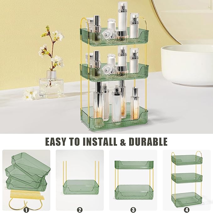 Bathroom Counter Organizer Countertop Storage Skincare Countertop Makeup Organizer Cosmetics Skincare Organizers Holder for Perfume-Green-Golden Pole-3 Tier-NeatNest