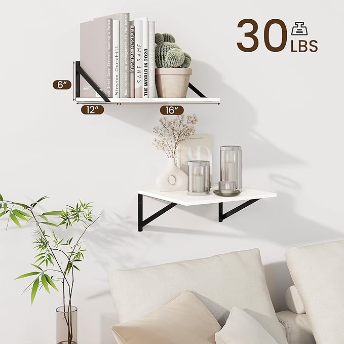Fun Memories Floating Shelves for Wall, 12 Inch Deep Floating Shelves Set of 2, 16W x 12D Large Wall Shelf with Sturdy Metal Brackets for Living Room, Bathroom, Bedroom and Kitchen, White-NeatNest