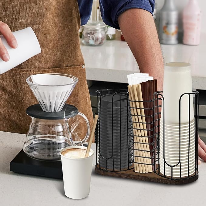 3-Compartment 18oz Coffee Cup Dispenser Rack with Wood Base, Disposable Cup, and Lid Organizer for Countertop - Perfect for Paper Cups, Straws, and Kitchen Cabinet Storage-NeatNest