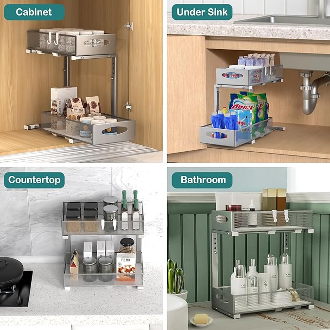 1 Pack Under Sink Organizer, 2 Tier Metal Pull Out Under Sink Storage with Sliding Mesh Drawers, Height Adjustable Slide Out Under Sink Organizer for Kitchen Bathroom Cabinet, Gray-NeatNest