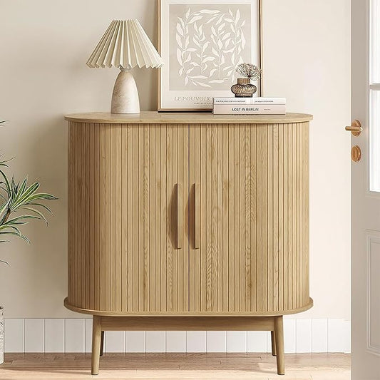 31" Small Sideboard Buffet Cabinet with Storage, Sliding Doors, Wooden Narrow Accent Storage Cabinet, Modern Buffet Table for Kitchen, Living Room (Wood)