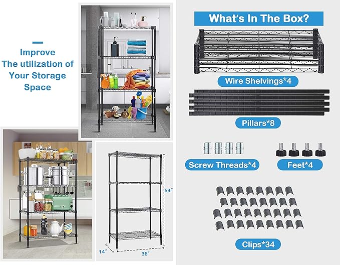 4-Tier Metal Wire Shelving Unit Kitchen Shelf Organizer Storage Rack Utility Shelf Snack Shelf, NSF Certified Storage Shelves for shelves Metal Shelving Shelves for Storage Shelf Pantry Shelves