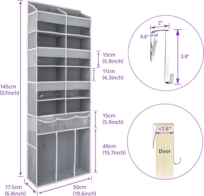 Extra Large Over The Door Organizer with Clear Pockets - 8 Compartments & XL Bottom Storage, Heavy-Duty Hanging Organizer for Bathroom, Bedroom, Closet (57 Inch Height,Grey).