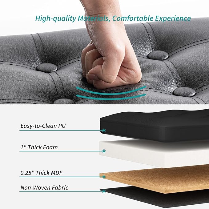 2 Pack Folding Storage Ottoman, 16 inch PU Leather Small Ottoman with Storage Foldable, Set of 2 Faux Leather Foot Stool Support 260lbs for Living Room, Bedroom, Hallway, Black