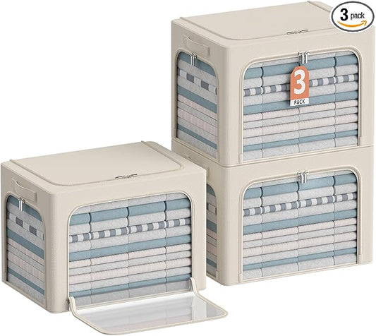 3Pack Clothes Storage Bins - Oxford Frame Storage Box Foldable Stackable Storage Organizer with 3 Openings Design, Metal Frame, Clear Window, Carry Handles (Beige, 100L-23.6 * 16.5 * 15.7in)-NeatNest