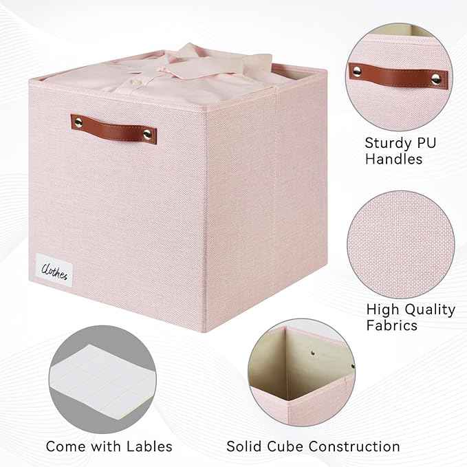 Collapsible Fabric Storage Cube Bins with 2 Reinforced PU Handles, Foldable Storage Organizer Baskets for Closet, Shelves, Living Room | 13"x13"x13", 4 Pack, Full Pink-NeatNest