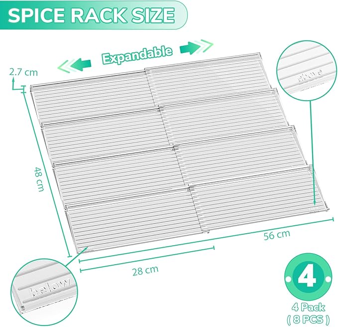 AMBIRD Spice Drawer Organizer, 4 Tier-2 Set Clear Spice Rack Tray Expandable From 11'' to 22'', Seasoning Organizer with non-slip tape for Kitchen, Cabinet, Drawers, Countertop(JARS NOT INCLUDED)-NeatNest