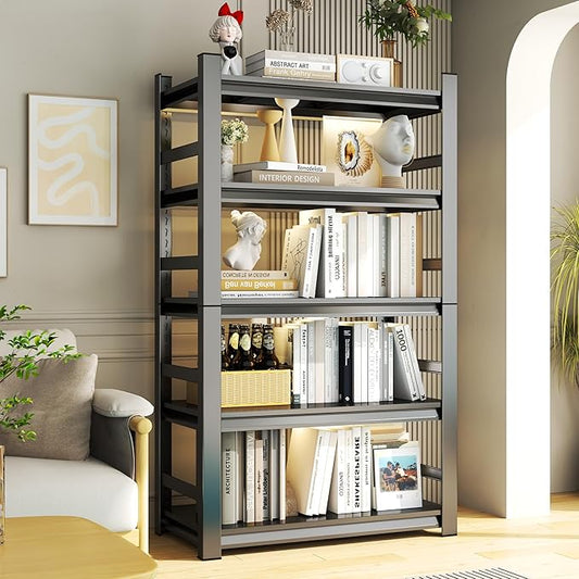 Bookshelf, 5 Tier Bookshelves, Tall Book Shelf For CDs/Movies/Books, Bookcase Shelf Storage Organizer Adjustable Bookshelf For Bedroom/Living Room/Home Office (with fence-63"H*32"W*15.7"D)-NeatNest