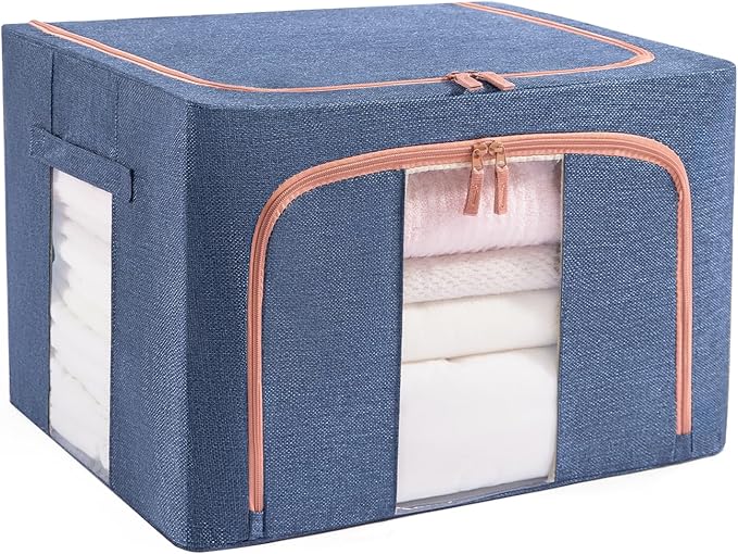 100L Stackable Clothes Storage Bins with Metal Frame Handles & Zipper, Collapsible Closet Organizer Box with Lid for Bedding Blankets Towel (Navy,1 pack)-NeatNest