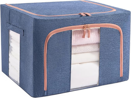100L Stackable Clothes Storage Bins with Metal Frame Handles & Zipper, Collapsible Closet Organizer Box with Lid for Bedding Blankets Towel (Navy,1 pack)-NeatNest