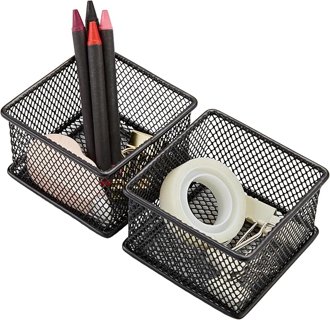 Annova Mesh Stackable Drawer Cabinet and Shelf Organizer Bins Storage Basket School Office Supply Holder Tray- Set of 2 (Black, 3x3x2 Inch)-NeatNest