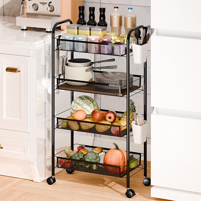 3/4/5 Tier Fruit Vegetable Basket, Stackable Metal Mesh Storage Basket with 360 Degree Wheels, Fruit Vegetable Produce Basket Storage Organizer for Kitchen, Pantry, Bathroom Black 4-Layers