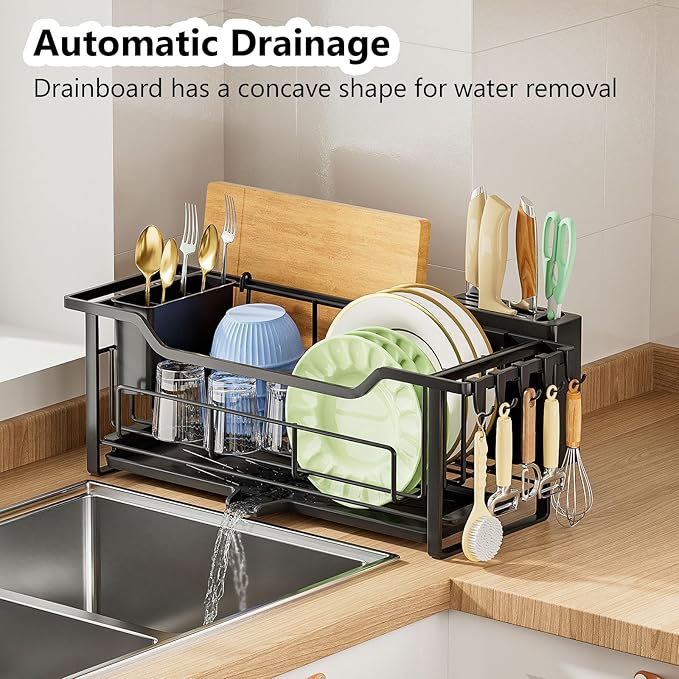 Narrow Dish Drying Rack for Kitchen Counter Auto Drain Iron Dish Drainer with Removable Cutlery Basket, Black