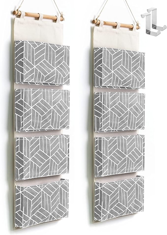 CROWNED 2Pcs Over Door Hanging Storage Bags Wall Mount Closet Organizer, 4 Big Pockets Linen Cotton Fabric Multi Functional Living Room Bedroom Bathroom File Magazine Waterproof Free Hooks Grey-NeatNest