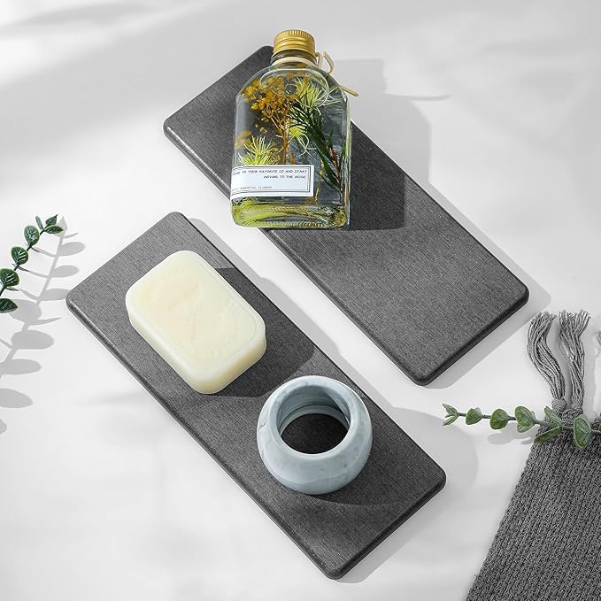 2PCS Bathroom Trays, Water Absorbing Diatomite Stone Quick Drying Mat for Kitchen Counter, Dish Rack Soap Dispenser Sponge Holder Caddy Sink Vanity Organizer, Dark Gray Slate,9"x3.5"-NeatNest