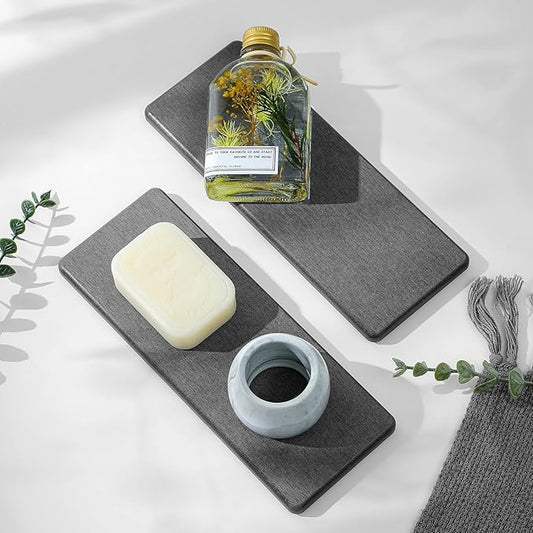 2PCS Bathroom Trays, Water Absorbing Diatomite Stone Quick Drying Mat for Kitchen Counter, Dish Rack Soap Dispenser Sponge Holder Caddy Sink Vanity Organizer, Dark Gray Slate,9"x3.5"-NeatNest